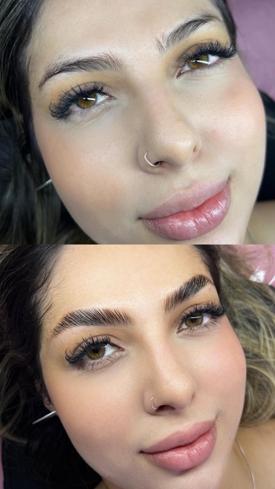 Antes e depois de design de sobrancelha com brow lamination em Curitiba